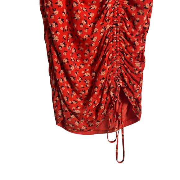 Louna Red Floral Print Mesh Ruched Short Sleeve Scoop Neck Mini Dress Size M - Picture 10 of 13